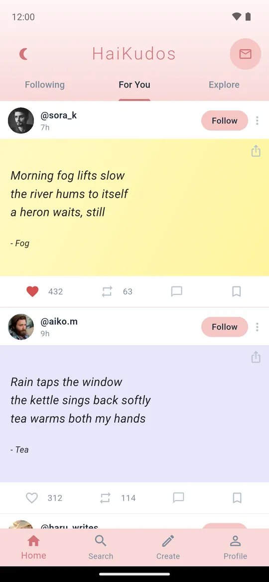 Haikudo home feed with For You haiku cards, likes and reposts
