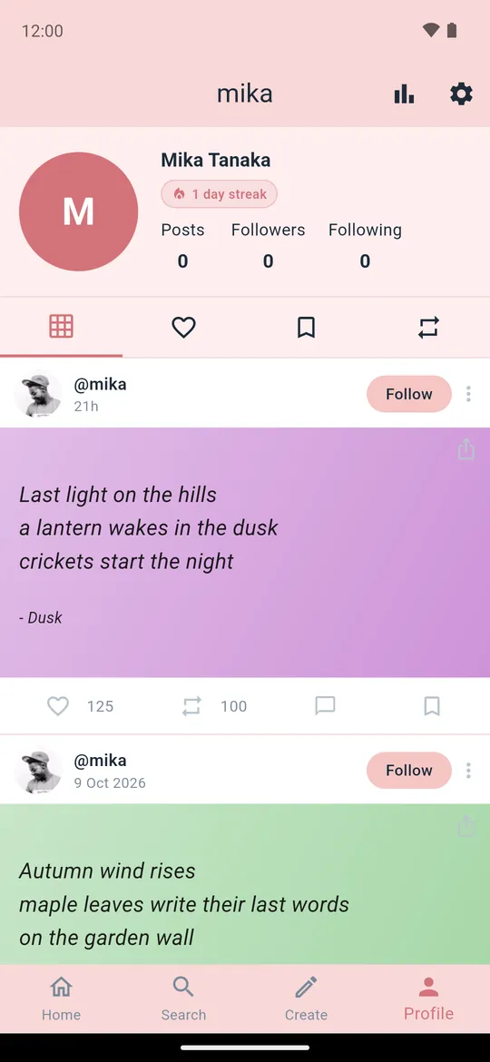 A poet’s profile with streak, follower counts and their haiku