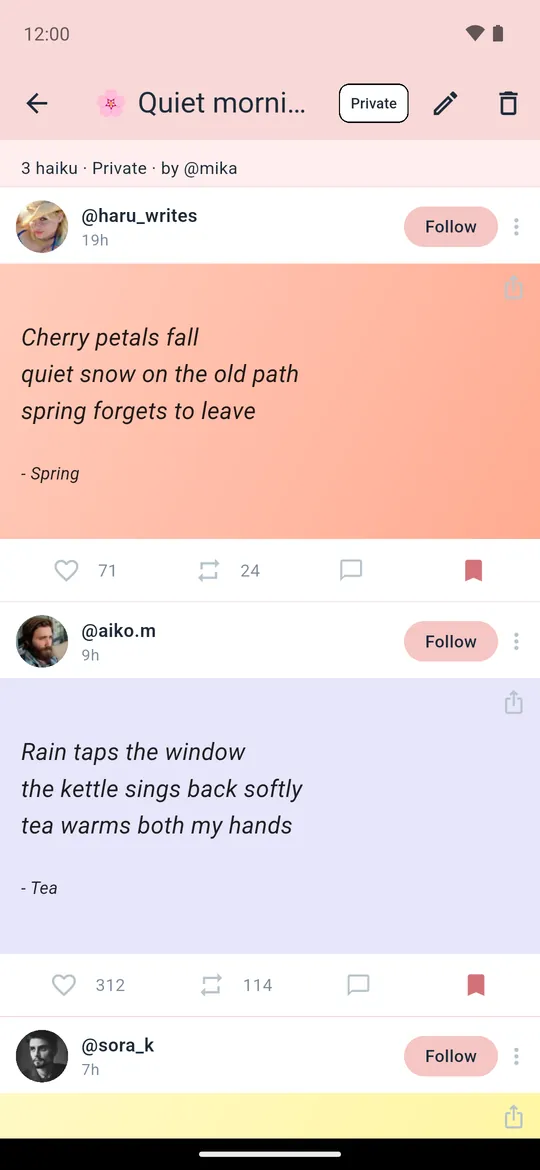 A private collection of saved haiku called Quiet mornings